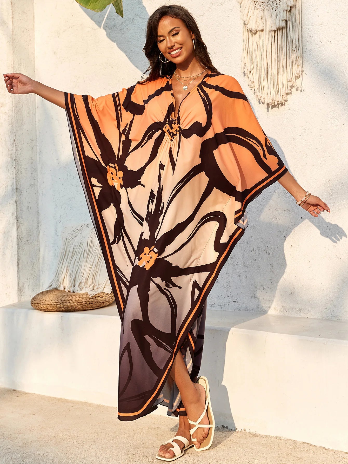 Abiti caftano da donna con stampa floreale taglie forti Costume da bagno taglie forti Copricostume estivo Abito da spiaggia caftano loungewear