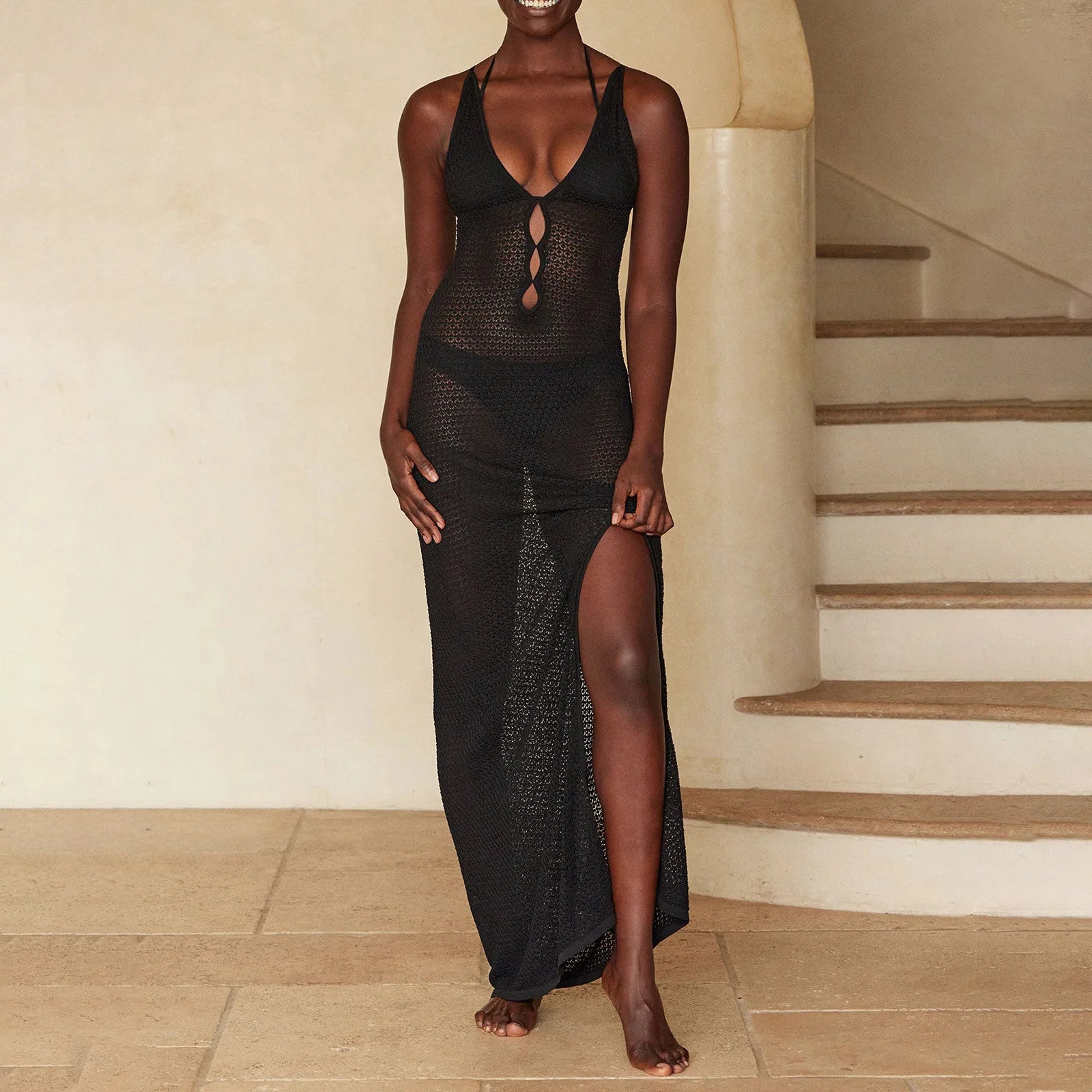 Yiiciovy Copricostume lavorato a maglia da donna Abito lungo da spiaggia all'uncinetto con scollo a V profondo Abito da bagno con cut-out incrociato in pizzo senza schienale