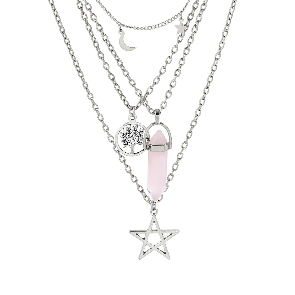 4 pezzi etnico rosa cristallo stella pentagramma ciondolo collana girocollo per le donne elegante luna nappa catena accessori gioielli per feste