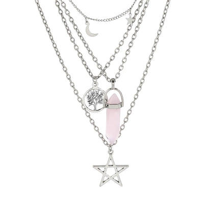 4 pezzi etnico rosa cristallo stella pentagramma ciondolo collana girocollo per le donne elegante luna nappa catena accessori gioielli per feste