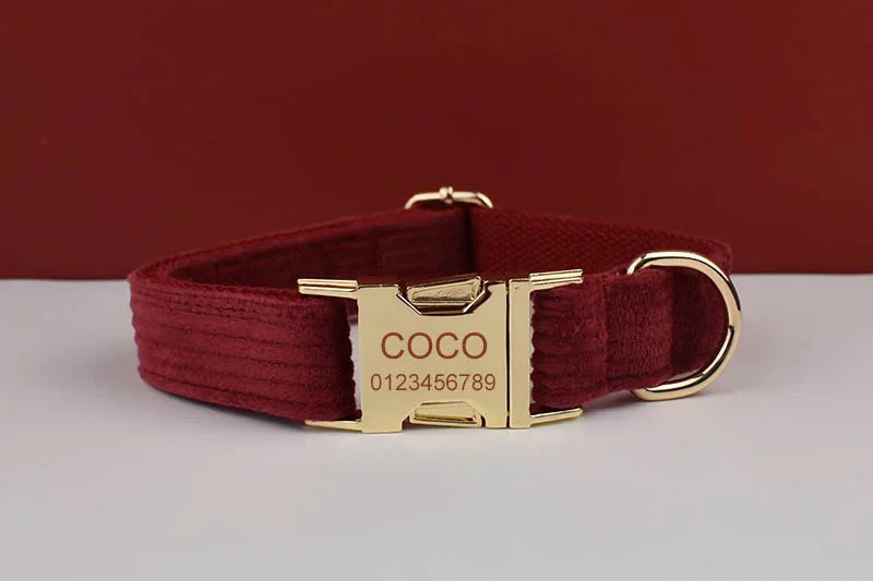 Set Collare e Guinzaglio per Cani in Corduroy Rosso Vino con Targhetta Personalizzata Incisa, Accessori per Animali Domestici