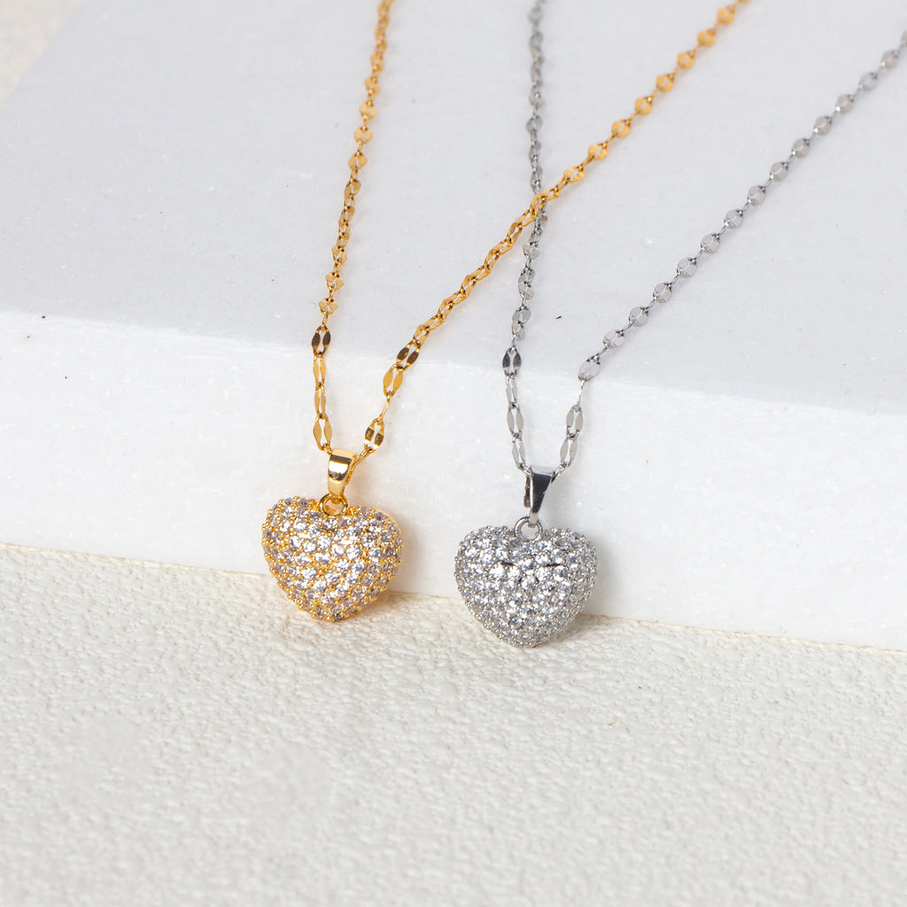 Set con ciondolo a forma di cuore con zirconi, temperamento femminile, collana in acciaio inossidabile placcato oro, regali di gioielli per feste di nozze