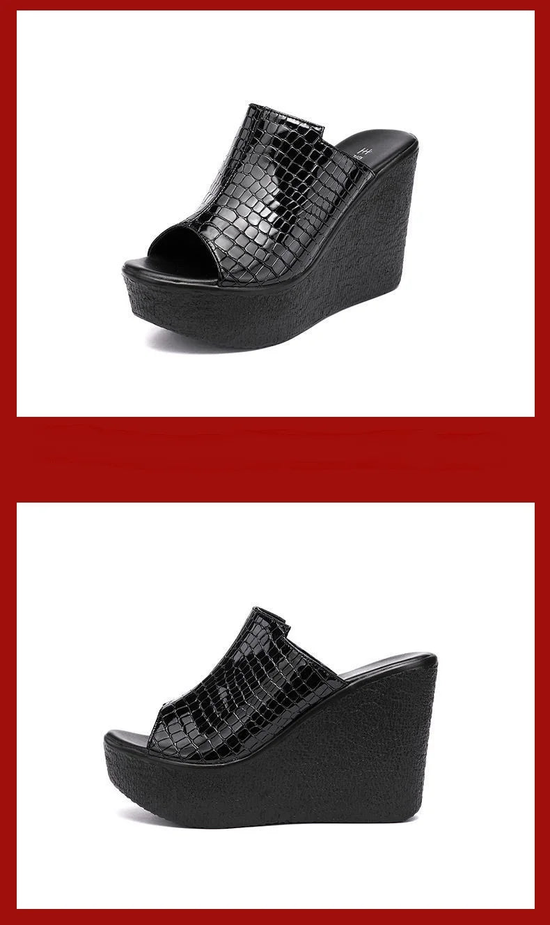 Sandali con Zeppa in Pelle Lucida Estivi da Donna, Misura Piccola 32-43, Tacco Alto 11cm, Ciabatte Eleganti per Ufficio e Modello, Collezione 2026