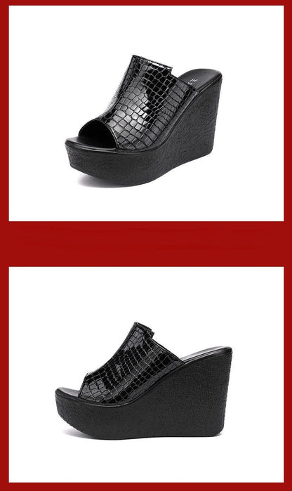 Sandali con Zeppa in Pelle Lucida Estivi da Donna, Misura Piccola 32-43, Tacco Alto 11cm, Ciabatte Eleganti per Ufficio e Modello, Collezione 2026