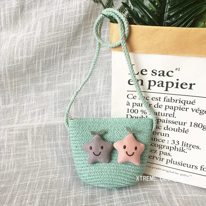 Borsa a tracolla in tessuto di paglia per bambini estivi belle ragazze borse portamonete piccole borse a tracolla per bambini Mini portafoglio principessa