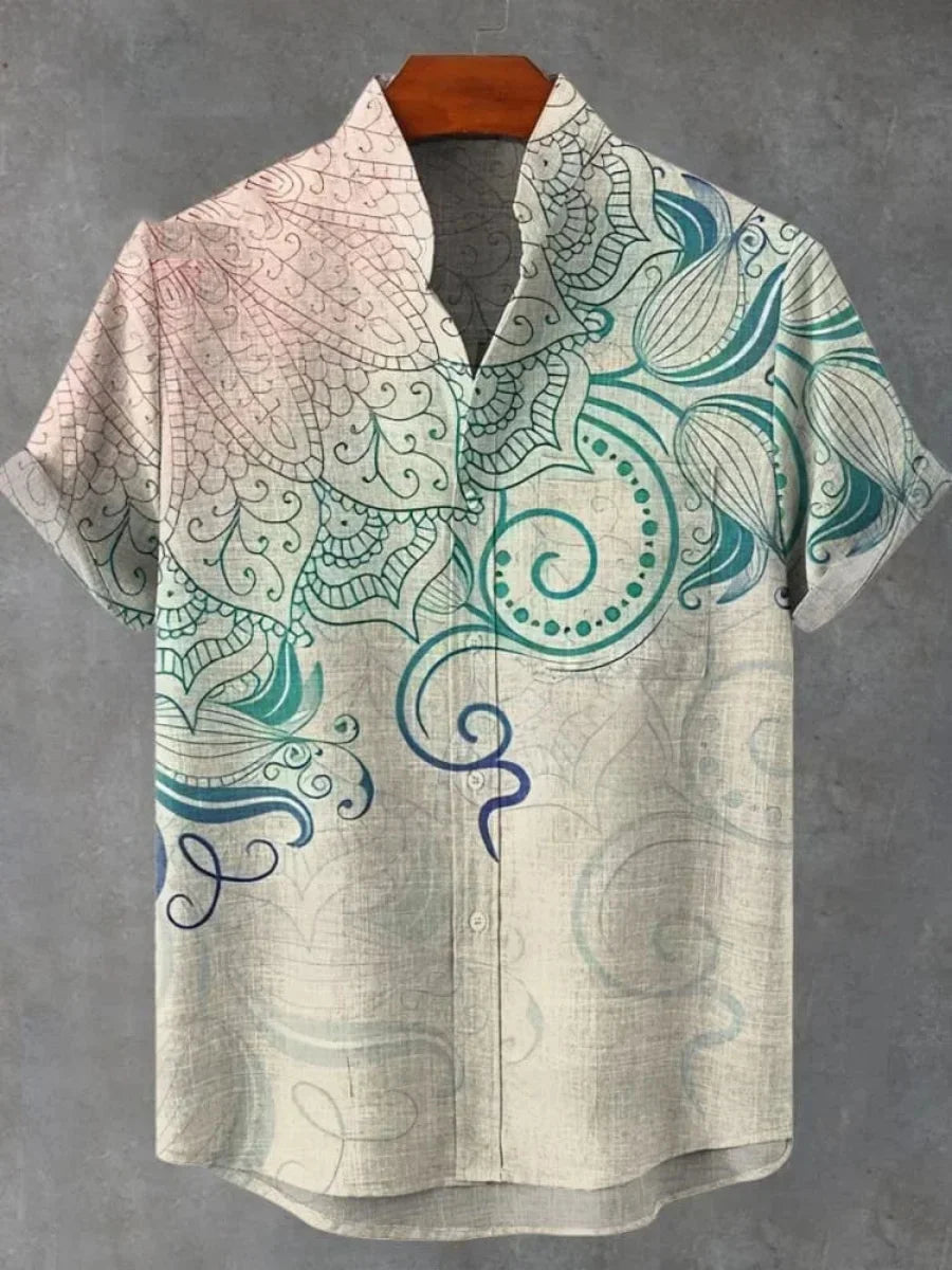 Camicia a maniche corte stampata da uomo estiva Camicia di lino vintage Festival da uomo Casual Manica corta Top Street Trend Consegna veloce