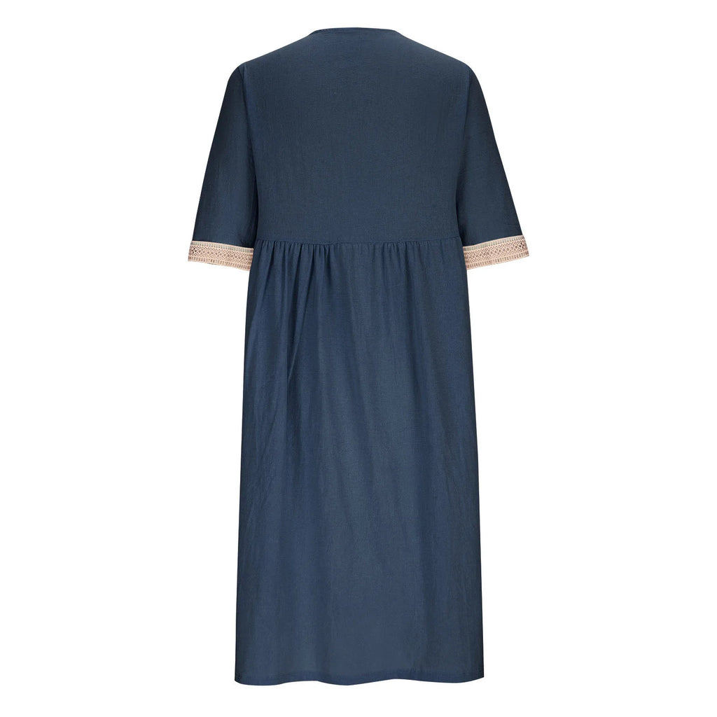 Abito Estivo da Donna 2026 Nuovo in Cotone e Lino a Mezza Manica con Scollo a V, Vestito Casual Chic Vintage con Inserti, Vestito Midi Ampio