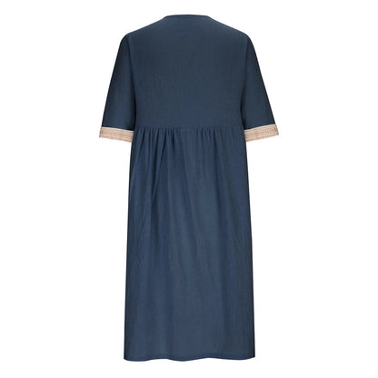Abito Estivo da Donna 2026 Nuovo in Cotone e Lino a Mezza Manica con Scollo a V, Vestito Casual Chic Vintage con Inserti, Vestito Midi Ampio