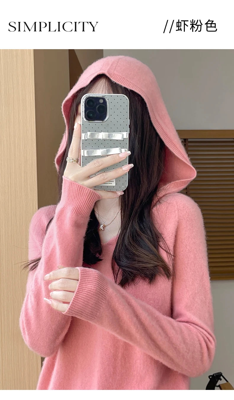 Abbigliamento donna autunno inverno colletto con cappuccio pullover maglione di lana merino 100% nuova moda top in cashmere che tocca il fondo maglieria morbida