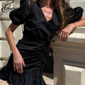 Oymimi Abito da donna casual in cotone bianco Elegante scollo a V Manica corta Abiti stringati Mini abiti a pieghe a vita alta