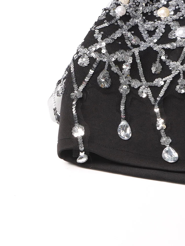 TWOTWINSTYLE Patchwork Diamonds Mini abito per donna bavero manica lunga vita alta impiombato paillettes abiti temperamento femminile nuovo