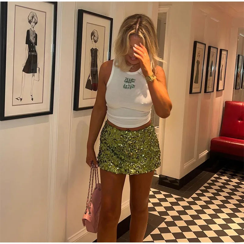 Donne sexy Shinny Paillettes Minigonna Moda Colore Collisione Una linea Gonne a vita alta 2025 Nuovi abiti da club per feste quotidiane femminili
