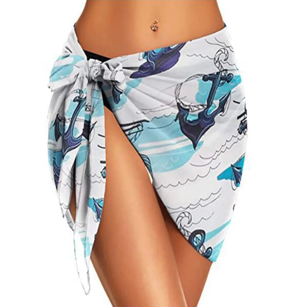 Summer Bikini Wrap Sheer Coverups Set Women Print Short Sarongs Swimsuit  Beach Short Skirt Chiffon Scarf Cover Ups for Swimwear