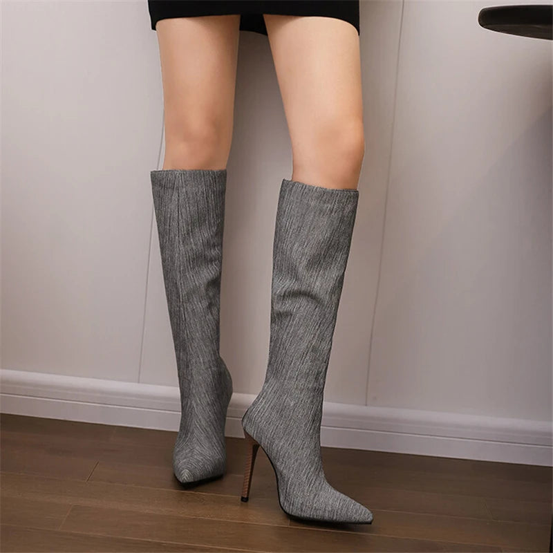 2025 White Snake Print Leather Knee High Boots Thin Heel Zipper Sexy Party Shoe Pointy Toe Thigh High Woman Long Boot Size 34-43