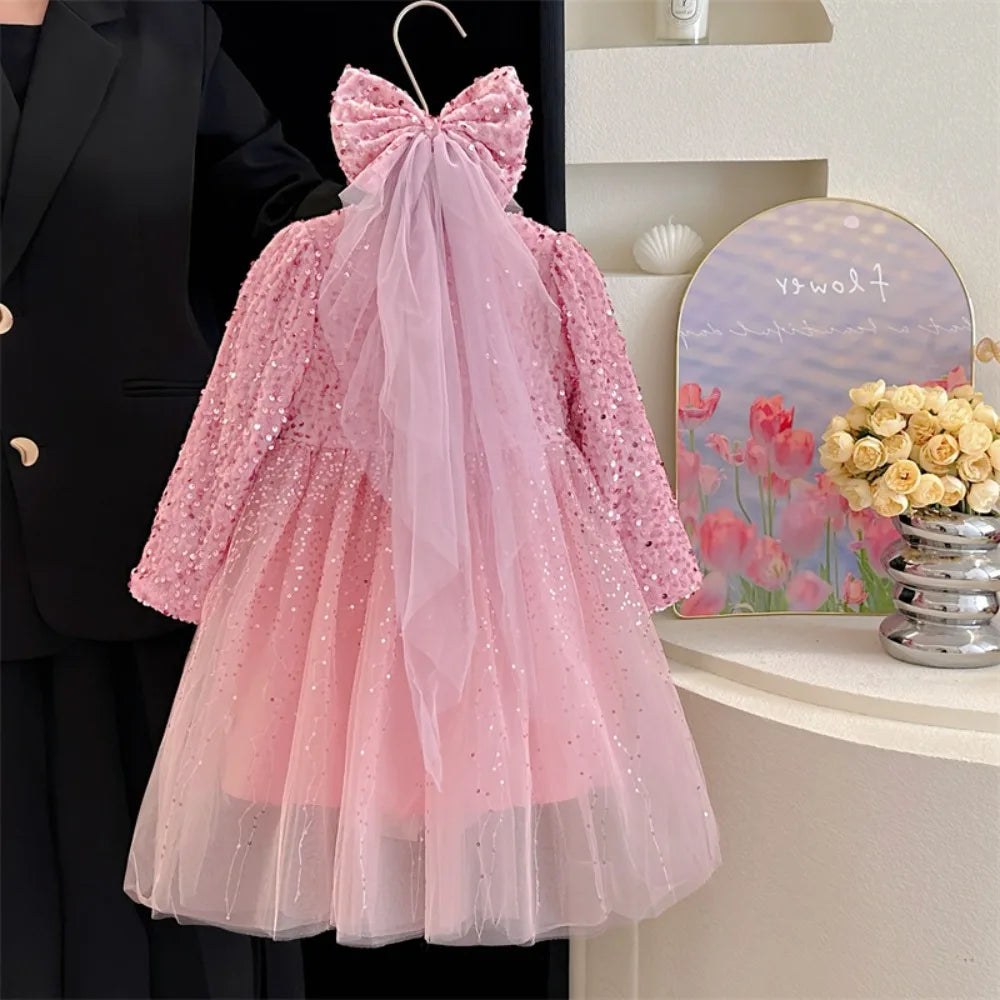 Abiti da ragazza Moda autunnale Nuova maglia patchwork con paillettes Abito da principessa a maniche lunghe Tinta unita Abbigliamento per bambini di Capodanno