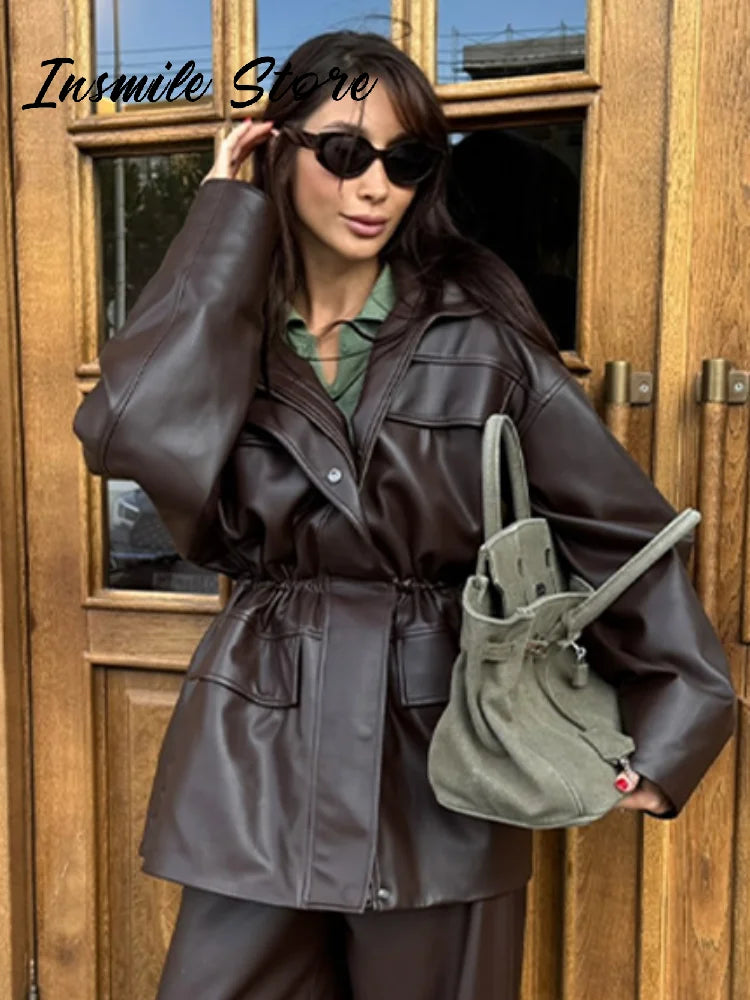 Giacca in Pelle da Donna con Cintura in Vita, Collo Alto, Tasche con Zip, Stile Vintage, Moda Streetwear 2026