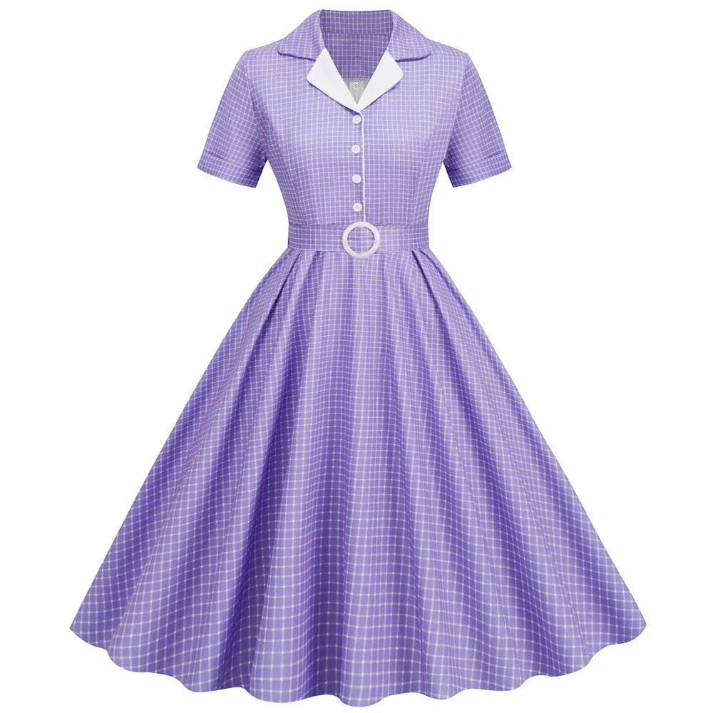 Plaid Vintage Office Lady Abiti estivi Donna 2026 Moda Retro 50s 60s 70s Swing Pinup Rockabilly Party Dress Robe Abiti