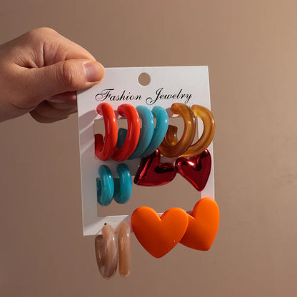 Boucles d'oreilles géométriques en acrylique pour femmes, 7 paires, colorées, cercles en résine, clous d'oreilles en forme de cœur, ensemble de bijoux, cadeaux d'anniversaire