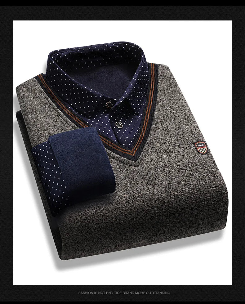 Maglione di peluche da uomo autunno inverno falso pullover in due pezzi polo colletto in pile spesso caldo top vestiti maglioni casual