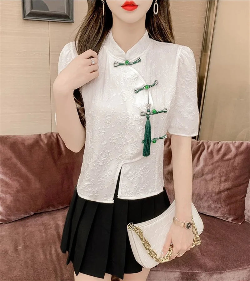 Camicie in stile cinese Maniche corte Donna Nuovo cappotto Estate 2025 Senso Design Nicchia Manica a palloncino Cardigan Top irregolari Donna