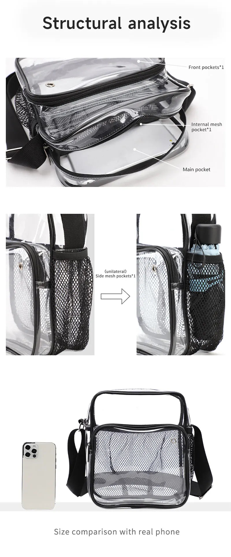 TINYAT Borse da donna in PVC trasparente impermeabile con cinturino in rete leggera Metti per cuffie perse Jack Ombrello per cellulare iPad da 9,7 pollici