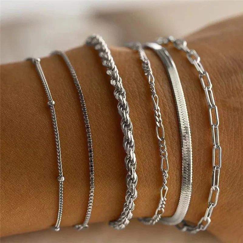 6 pz/set Bohemian Multi-strato Braccialetti A Catena Sottile per Le Donne Minimalista Colore Oro Braccialetti di Metallo Estate Y2K Accessori Dei Gioielli