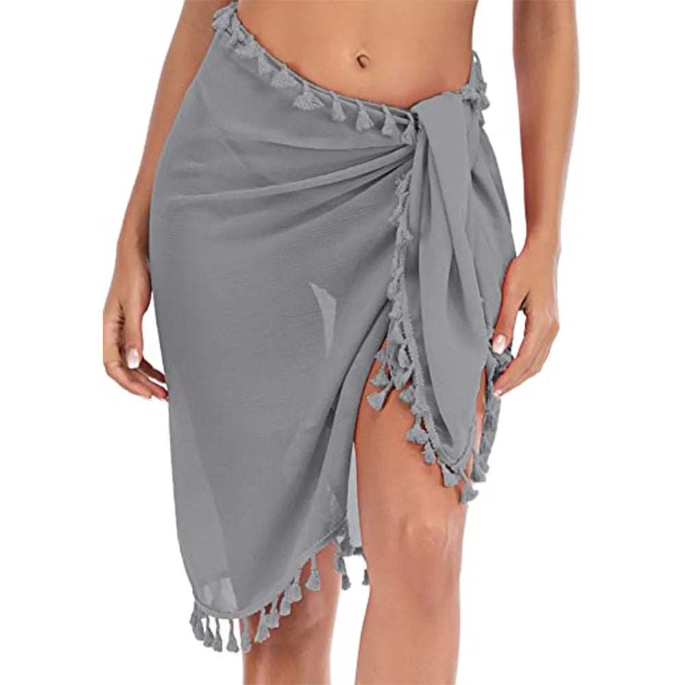 Copricostume da bagno per donna Sarong Beach Bikini Wrap Sheer gonna corta sciarpa per costumi da bagno con nappa