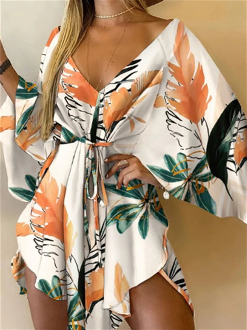 Abito da donna con stampa sexy scollo a V manica a pipistrello con volant fiori stampa Bohemian Beach vestito estivo da donna mini abiti larghi per le vacanze estive