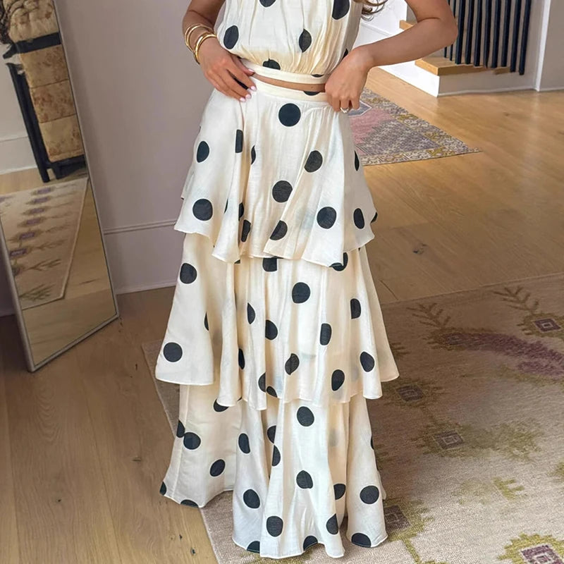 2025 Nuovi vestiti estivi Top senza maniche casual da donna e gonna lunga torta Set da due pezzi Abito da spiaggia a strati slim fit con spalle scoperte