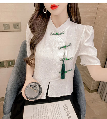 Camicie in stile cinese Maniche corte Donna Nuovo cappotto Estate 2025 Senso Design Nicchia Manica a palloncino Cardigan Top irregolari Donna