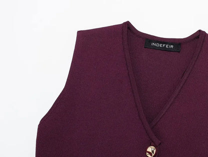 HH Set di gonne lavorate a maglia eleganti femminili 2024 Scollo a V con bottoni Canottiera + Gonna a pieghe patchwork a-line Abito solido alla moda