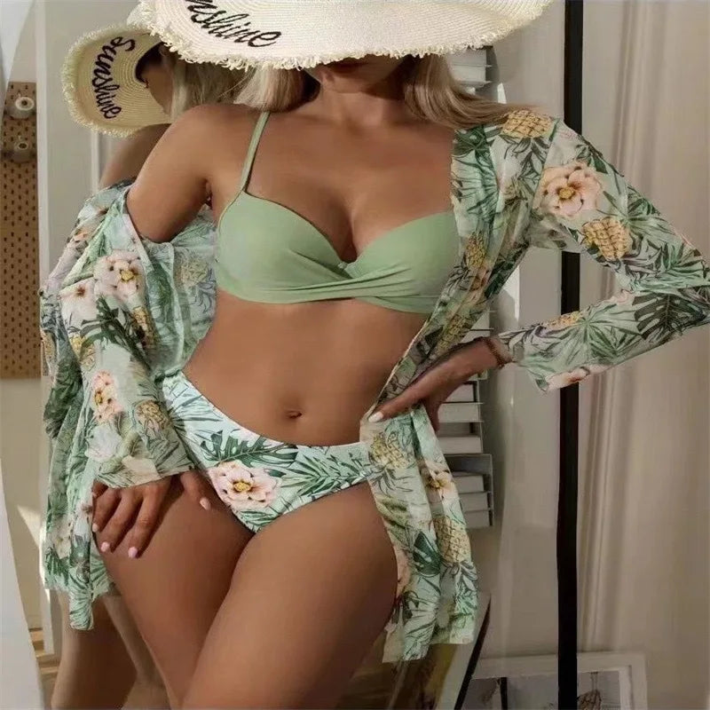 Bohemian Style Print Bikini Sets Women Fashion Sexy Spaghetti Strap Bikini Cardigan Three Piece Sets Beach Vacation Swimsuit
