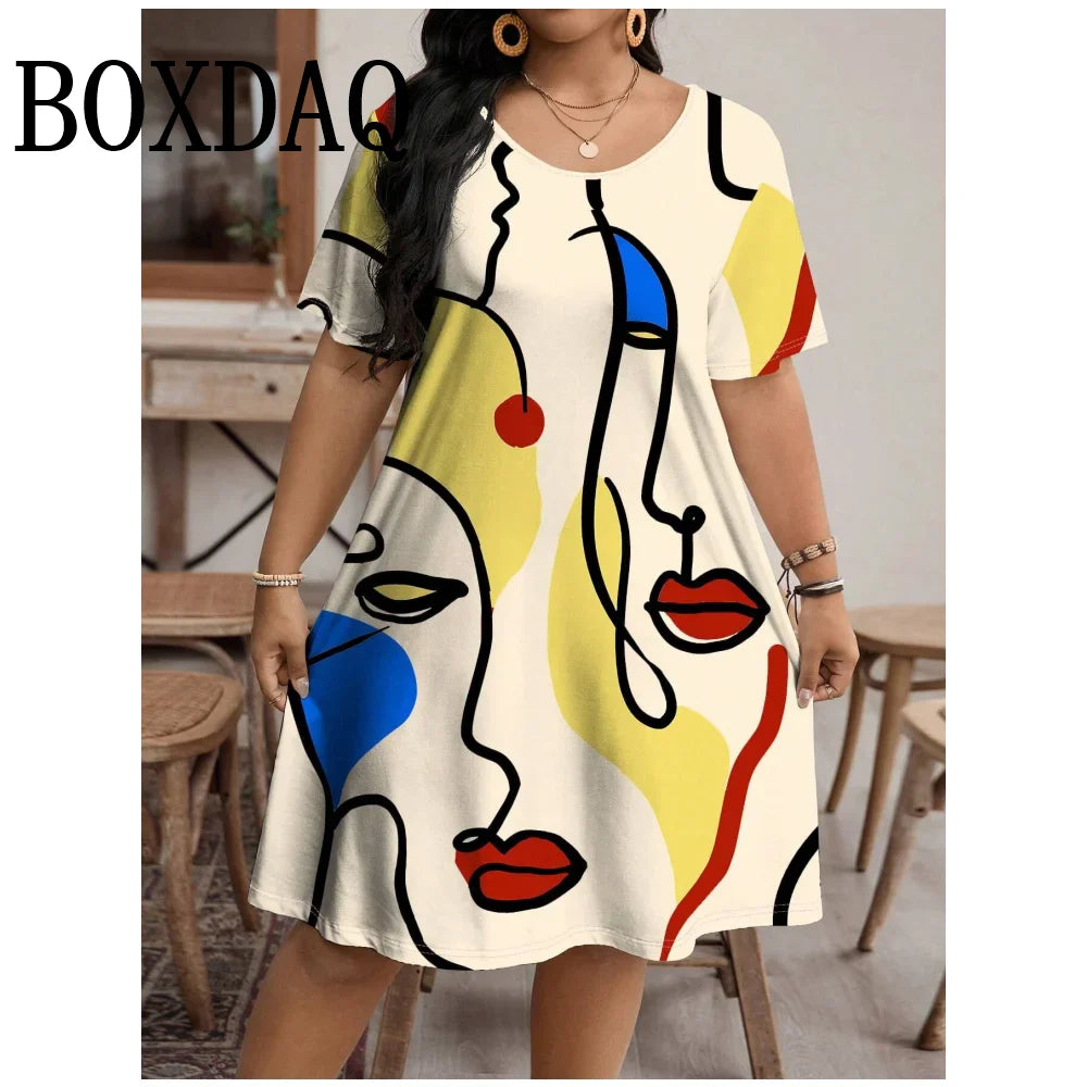 Moda Donna Abbigliamento Linea artistica per il viso Abiti con stampa 3D Abiti estivi larghi taglie forti Abiti casual a trapezio a maniche corte 9XL