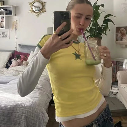 2026 Sommer Sexy Crop Top Damen T-Shirt Sternmuster Print Kurzarm Rundhals Ins Tee Shirts Sexy Tops Street Fashion Damen