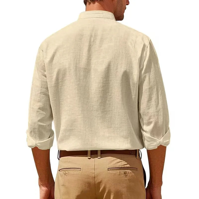 Camicia in cotone e lino da uomo, collo Henley, tinta unita, leggera, traspirante, vestibilità slim, abbottonatura singola, maniche lunghe.