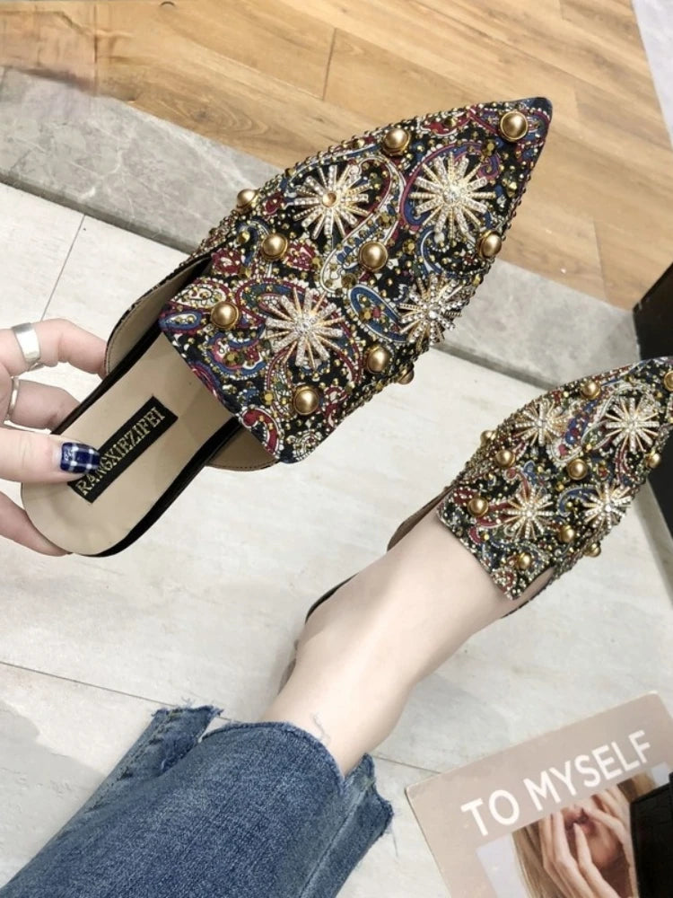 Luxury Women Mules Ladies Summer Chinese Slippers Women Shoes New Low Heels Flat Casual Shoes Woman Flip Flops 2023