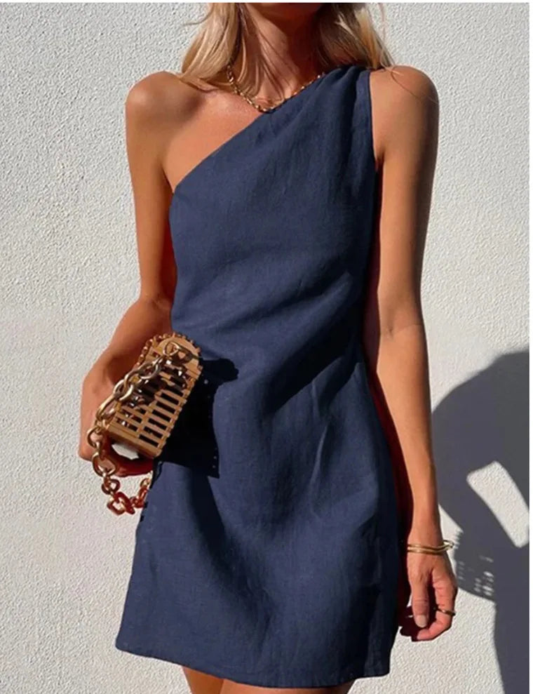 Summer Sexy Women Fashion Solid Mini Dress One-shoulder Asymmetric Diagonal Collar Cotton And Linen Casual Loose Elegant Dress