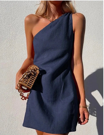 Summer Sexy Women Fashion Solid Mini Dress One-shoulder Asymmetric Diagonal Collar Cotton And Linen Casual Loose Elegant Dress