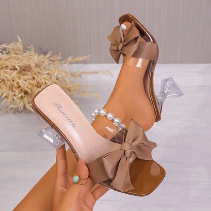 Damen-Sommersandalen 2025 Kristallabsatz-Sandalen Unifarbene Schleifenriemen-Hausschuhe Damen-High-Heels Zapatos De Mujer