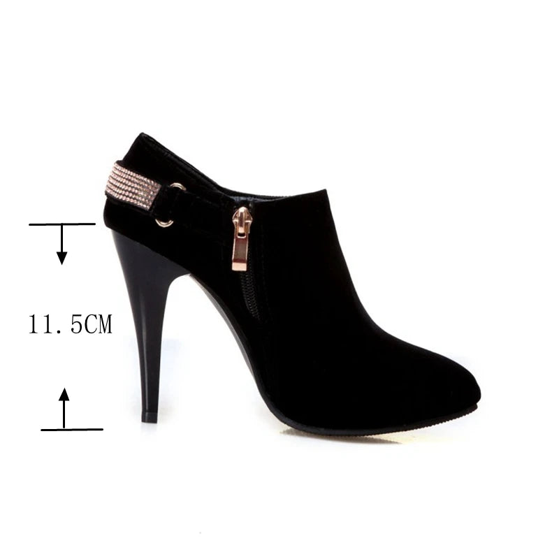 REAVE CAT Ankle Boots Pointed Toe Shoes women Sale Thin Heels Flock Suede Leather Rhinestone Big Size 31-50 Weeding Blue Black