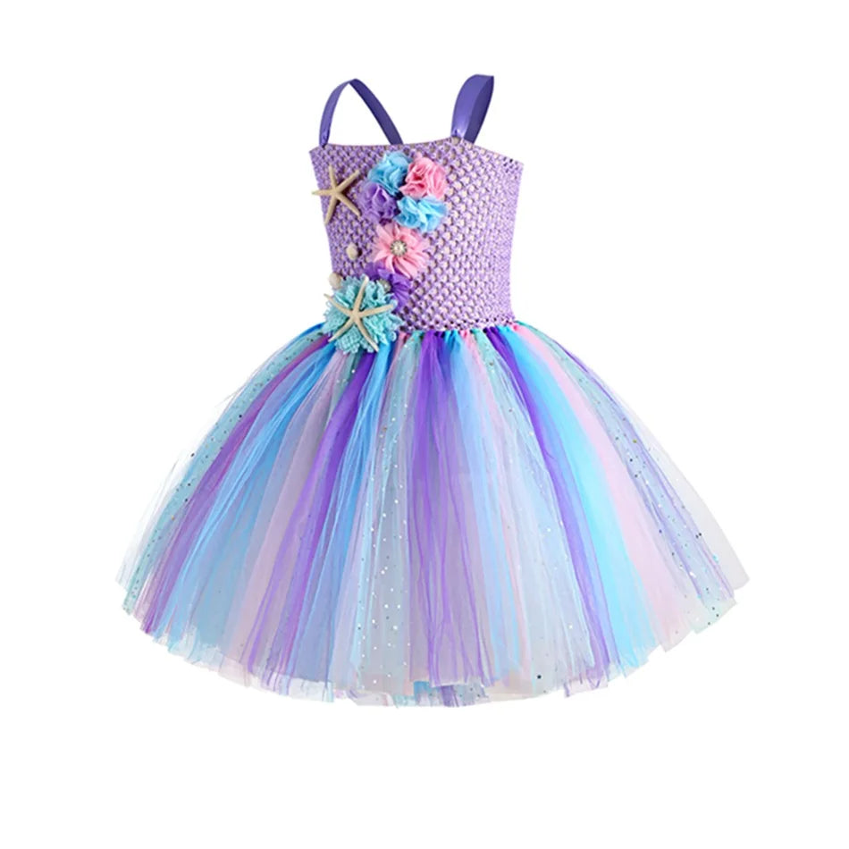 Abito tutù a sirena per ragazze sotto il mare Costumi di carnevale per feste di compleanno a tema con fascia per fiori Abiti per Halloween oceano 1-12 anni
