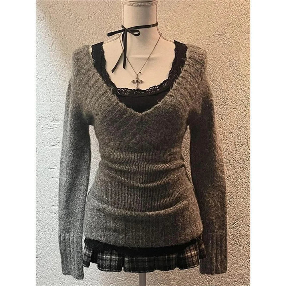Moda vintage scollo a V top in maglia donna 2025 inizio autunno inverno nuovi maglioni slim pullover a maniche lunghe gilet di pizzo set da 2 pezzi