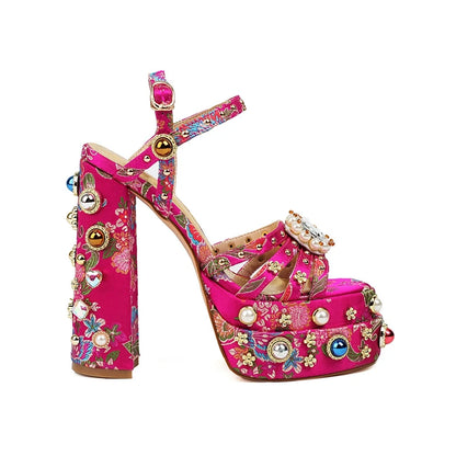 Neue Damen Sommer Plateau Sandalen wasserdicht dicker Boden Wasser Diamant Perle Niete Blume Satin offene Spitze High Heels groß