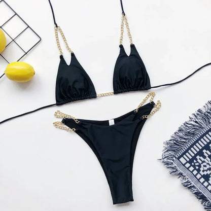 Micro Bikini Sexy 2026 Nero Solido con Reggiseno Push-Up e Cinghie Metalliche, Costume da Bagno Brasiliano, Perizoma, Biquini