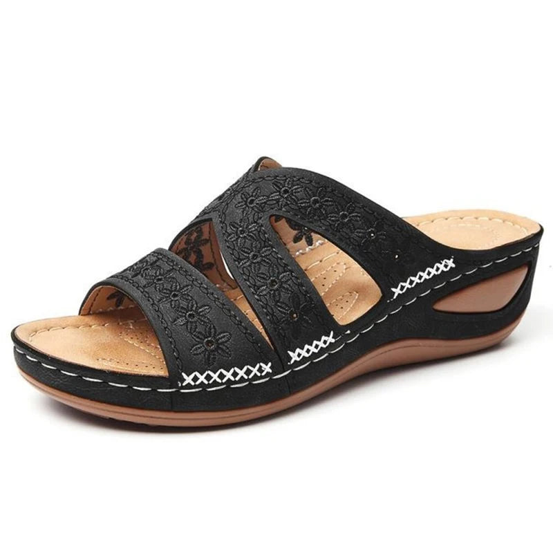 Sandali con zeppa da donna estivi Sandali ortopedici premium con punta aperta Pantofole retrò con piattaforma femminile casual in pelle antiscivolo vintage