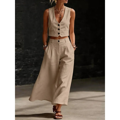 Summer Sexy V-neck Button Vest Top and Wide Leg Pants Outfits Women's Elegant Solid Color Temperament Slim Fit Vacation Suit