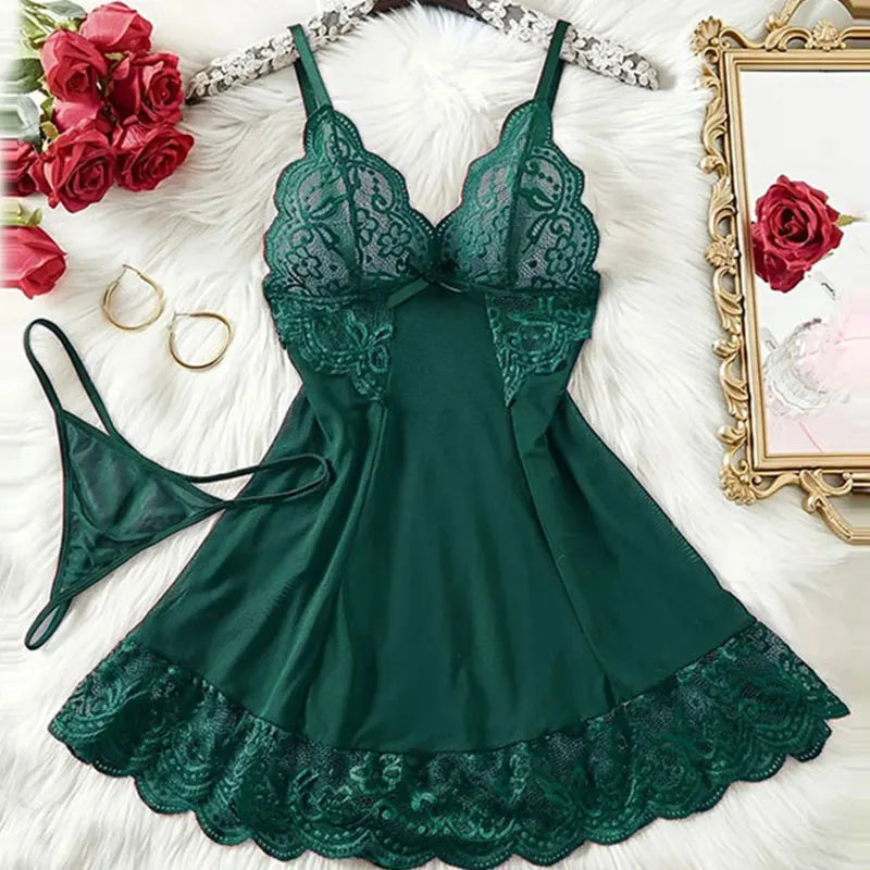 Pigiama lingerie erotica push up in pizzo a V profondo Set pigiama estivo sottile donna camicia da notte abito da notte caldo reggiseno sexy taglie forti perizoma da notte
