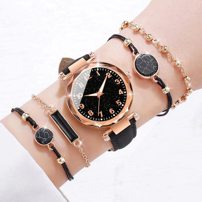 5 pezzi/set braccialetti per orologi da donna set orologio al quarzo con cinturino in pelle con quadrante cielo stellato alla moda