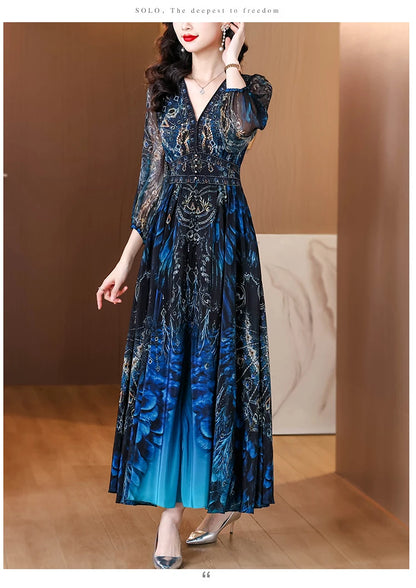 Vacanza primaverile Boho Beach Hepburn Maxi Abiti 2025 Stampa vintage da donna Elegante abito da sera estivo in seta di lusso