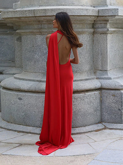 Sciarpa a nastro Halter Abito da donna Spalla inclinata Raso di seta Slim Fit Streamer Grandi abiti sexy senza schienale Abiti lunghi da donna Estate
